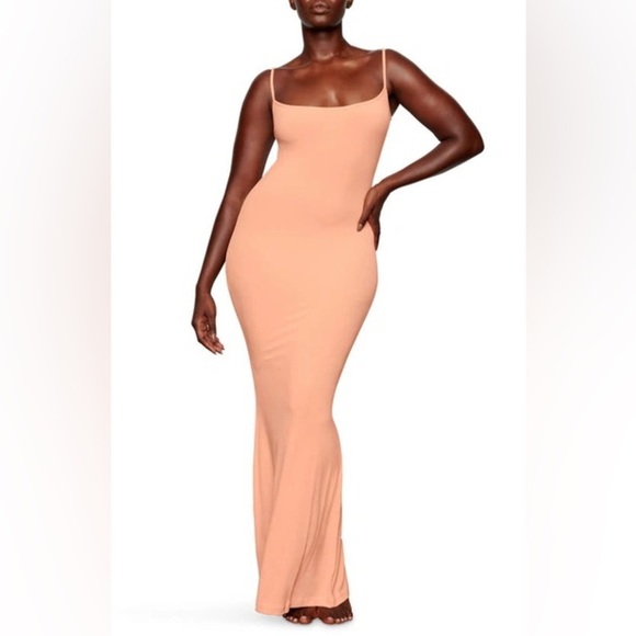 SKIMS Dresses & Skirts - SKIMS SOFT LOUNGE RIBBED PEACH PINK ORANGE STRETCH MAXI DRESS SIZE LARGE *NWT*